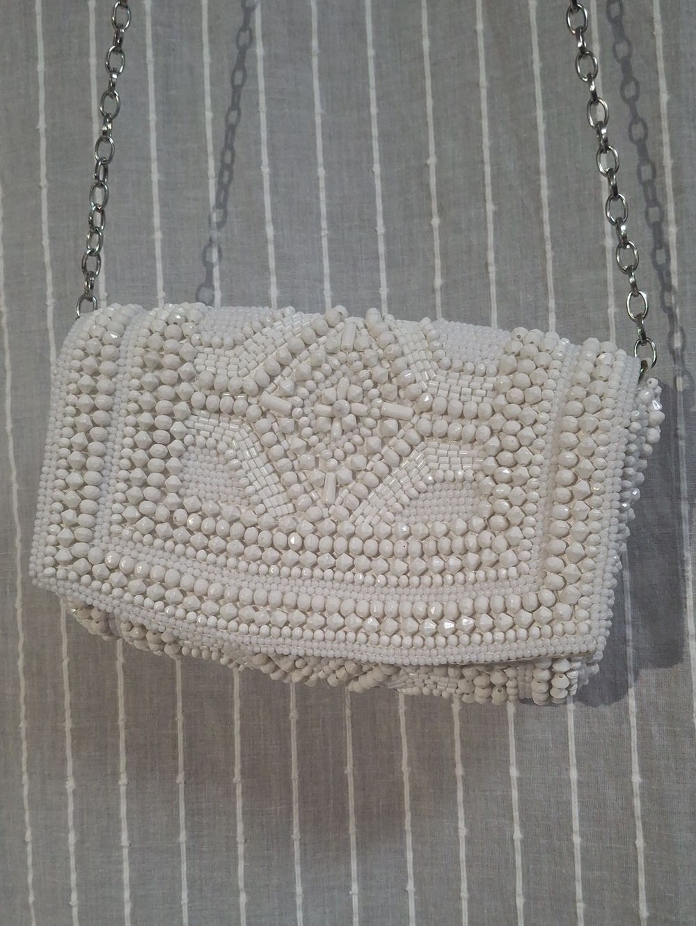 Vintage Style White Beaded Geometric Envelope Clutch Bag